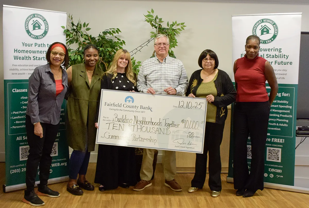 Photographed, from left to right: Dedra Dillard, Assistant Property Manager, AmeriCorps Member; Diamond London, Director of Operations, BNT; Tanya Parker, Vice President, Compliance Officer, Fairfield County Bank; Charles Griggs, Director of Administration & Fund Development, BNT; Doris Latorre, Chief Executive Officer; Tracy Crosby, Youth Financial Literacy Manager, BNT.